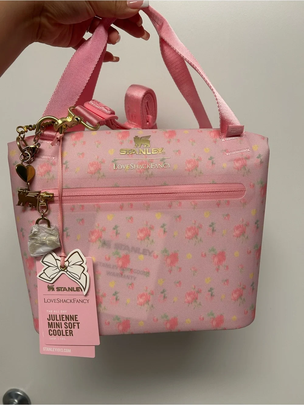 LoveShackFancy Pink Floral Mini Cooler Bag with Gold Hardware